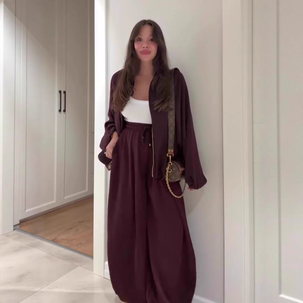 Flip collar long sleeved jacket and long pants 2-piece set
