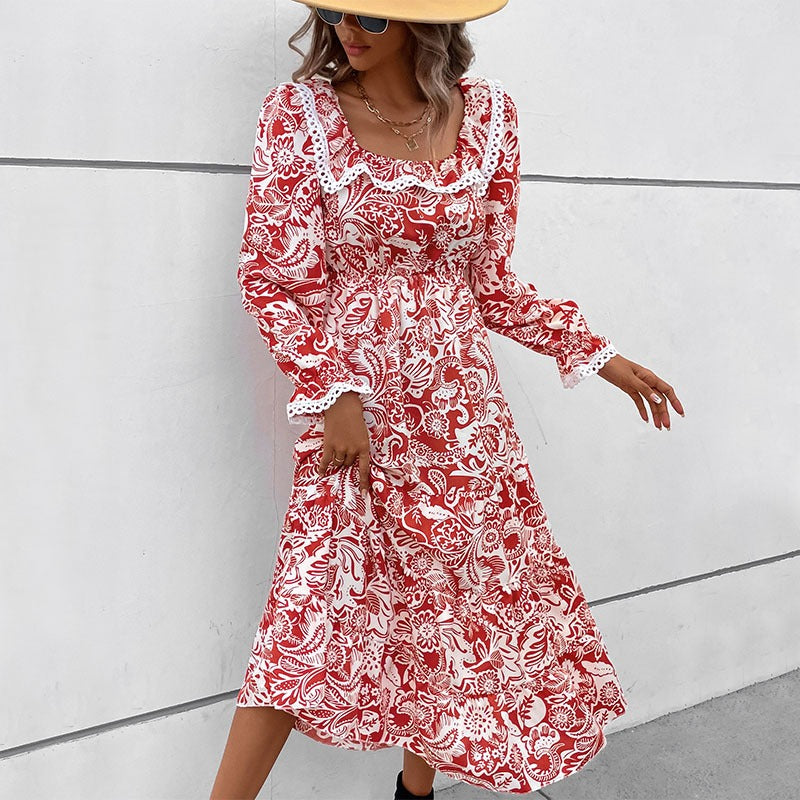 Womens Lace Patchwork Square Neck French Floral Long Sleeved Dress