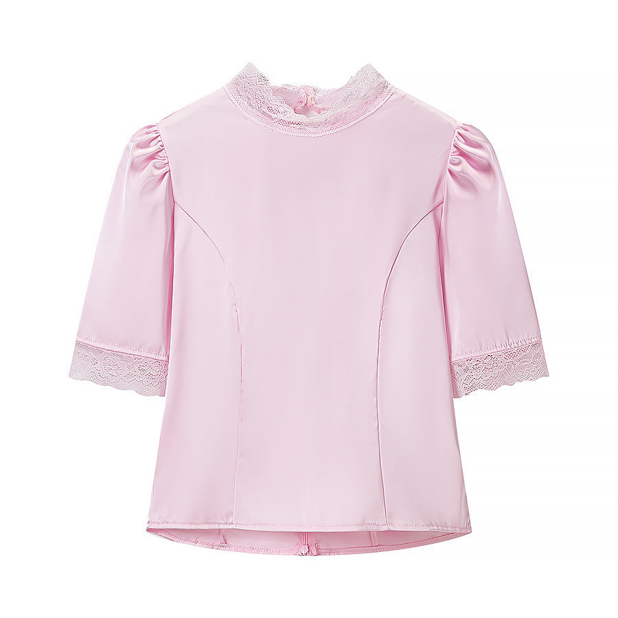 Satin lace patchwork T-shirt top+casual shorts set