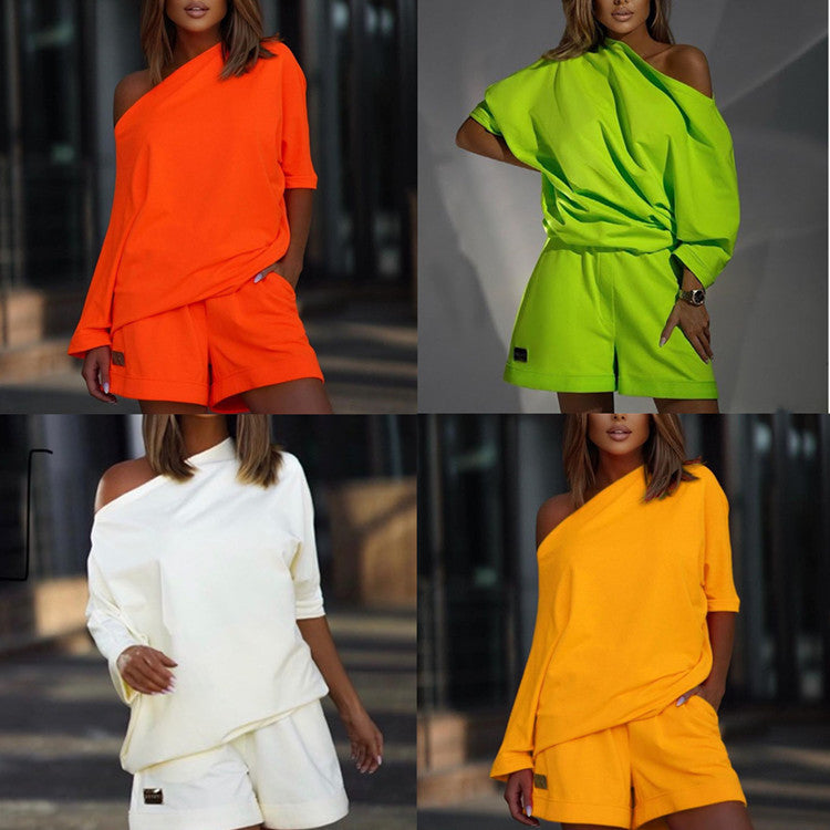 Fashionable Women's Hoodie Pants Set, One-Shoulder Wide Sleeve Loose Two-Piece Outfit