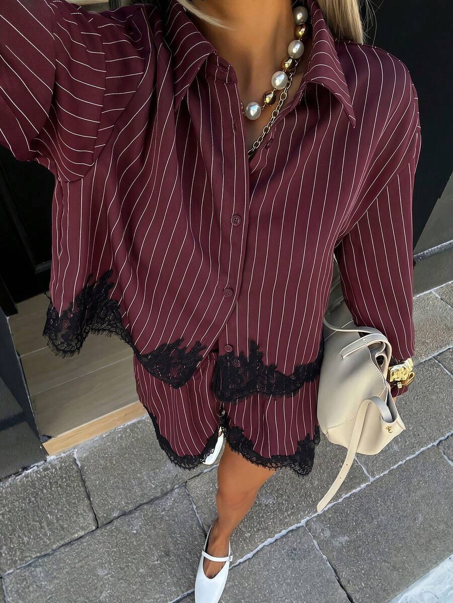 Women's striped shirt drawstring shorts set