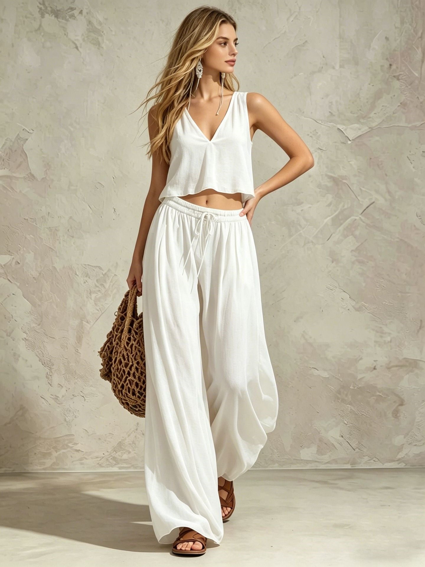 V-neck solid color sleeveless camisole top wide leg pants set