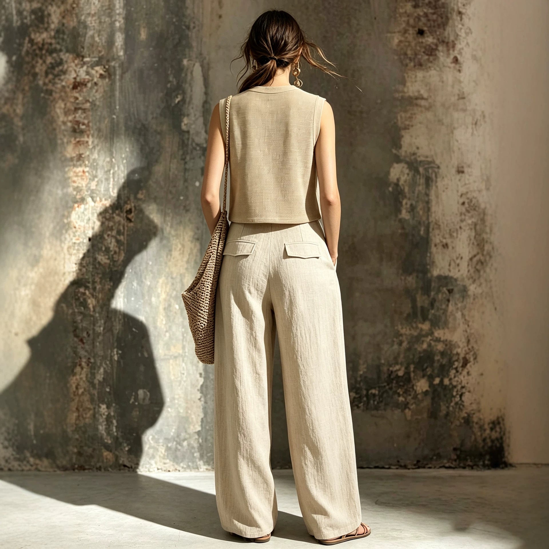 Khaki linen casual two-piece short knitted vest pocket wide leg pants set