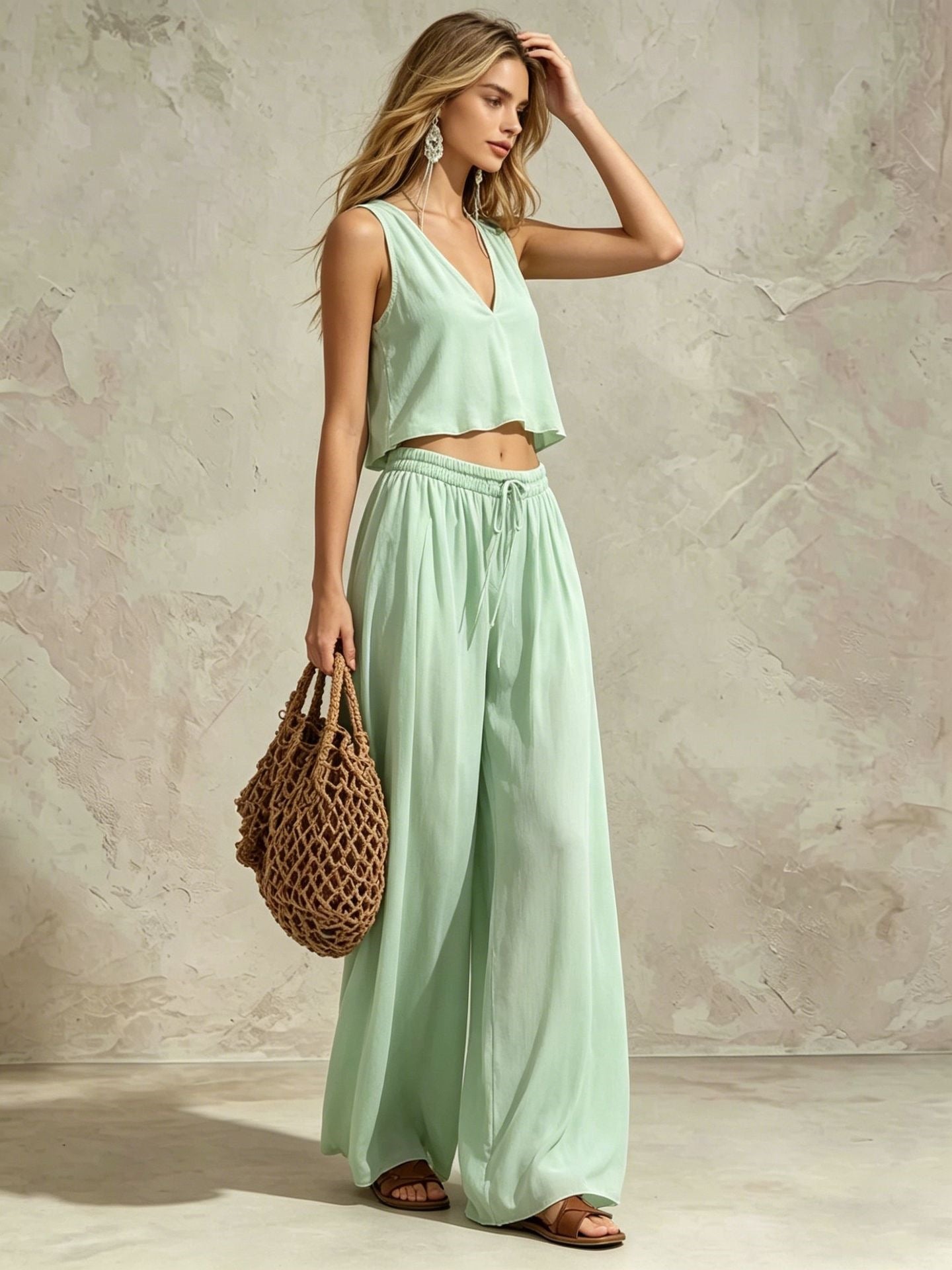 V-neck solid color sleeveless camisole top wide leg pants set