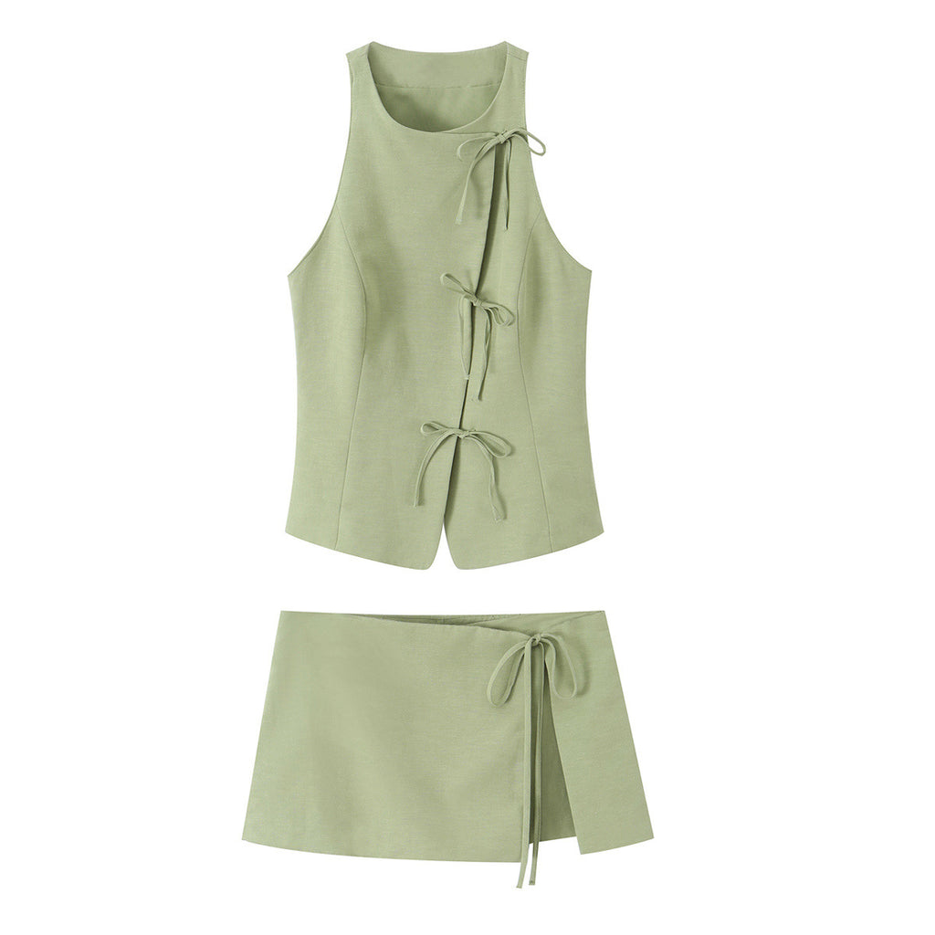 Bow tie hanging neck collar top+skirt and pants set
