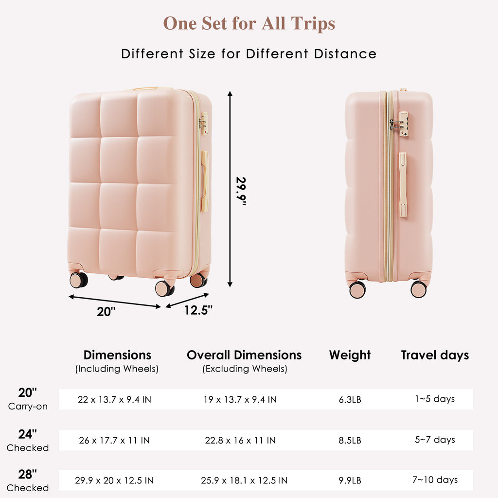 3-piece luggage set, 20 inches, ABS hard shell luggage with USB port and cup holder rotating wheel, pink color