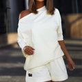 Fashionable Women's Hoodie Pants Set, One-Shoulder Wide Sleeve Loose Two-Piece Outfit