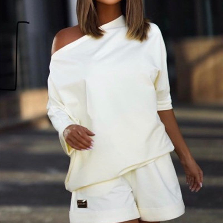 Fashionable Women's Hoodie Pants Set, One-Shoulder Wide Sleeve Loose Two-Piece Outfit