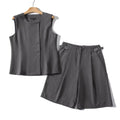 Double breasted vest+buckle loose shorts set