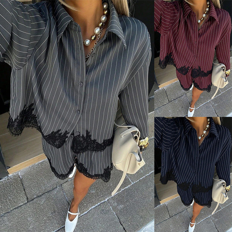 Women's striped shirt drawstring shorts set