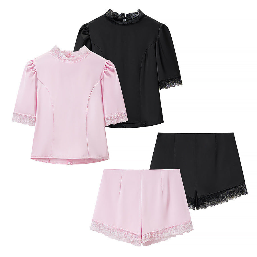 Satin lace patchwork T-shirt top+casual shorts set