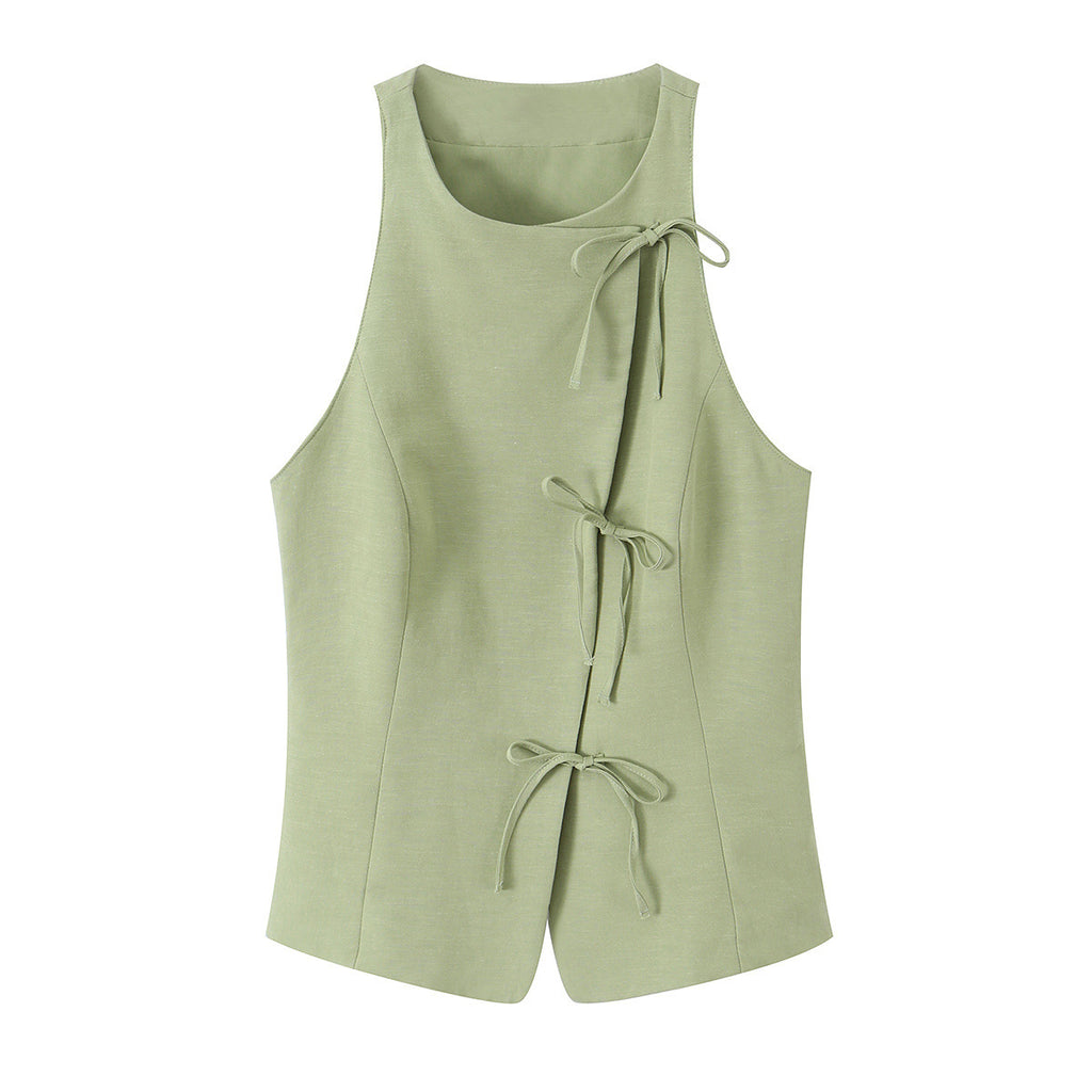 Bow tie hanging neck collar top+skirt and pants set