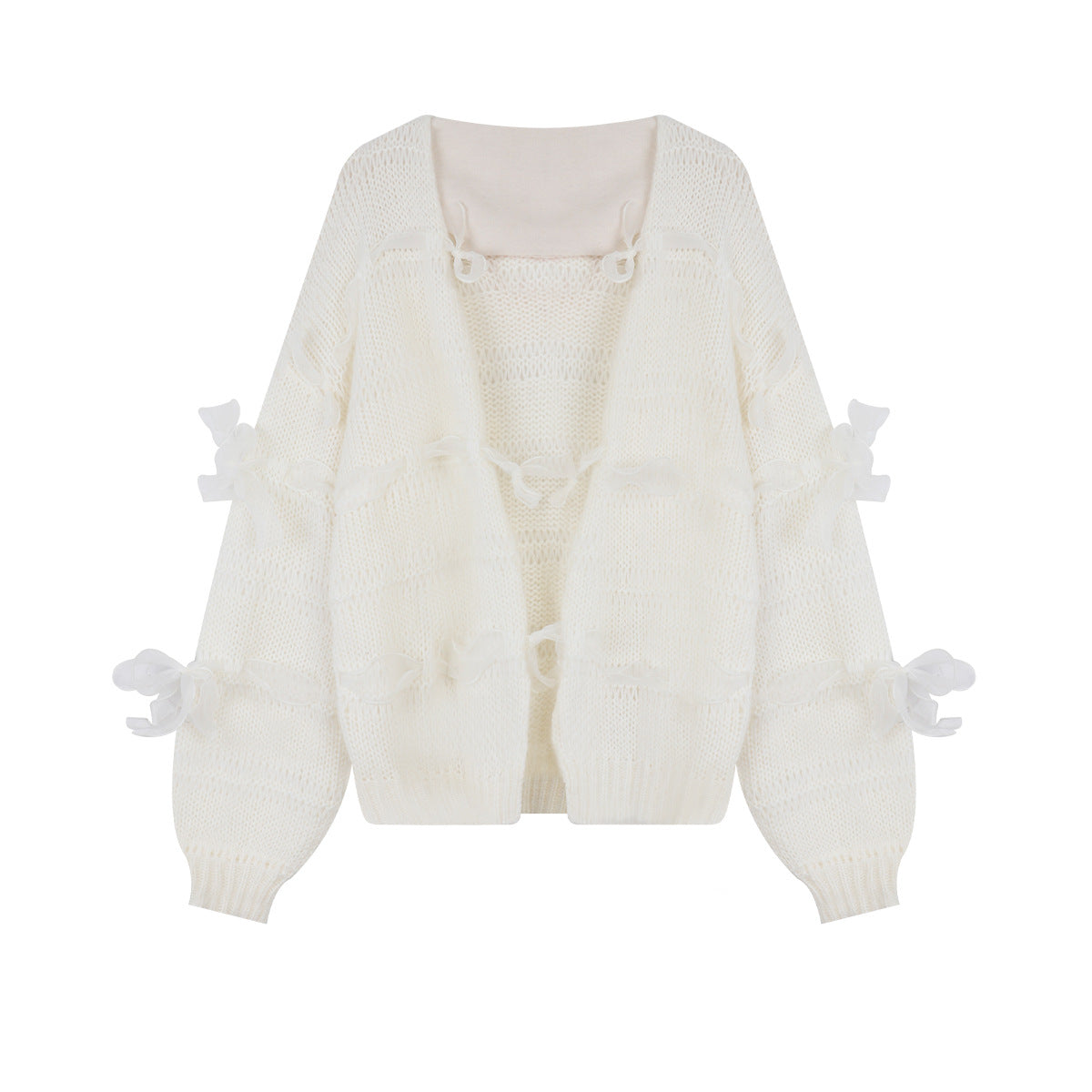 Korean Fashion Womens Clothing Elegant Bow Oversized Wool Sweater Mujer Autumn White Knitted Cardigan Femme