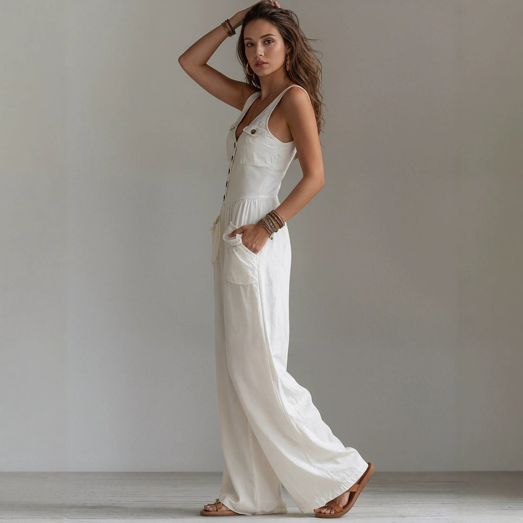 Summer pocket V-neck vest high waisted jumpsuit for women