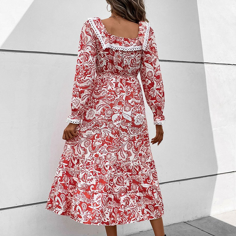Womens Lace Patchwork Square Neck French Floral Long Sleeved Dress