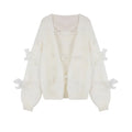 Korean Fashion Womens Clothing Elegant Bow Oversized Wool Sweater Mujer Autumn White Knitted Cardigan Femme