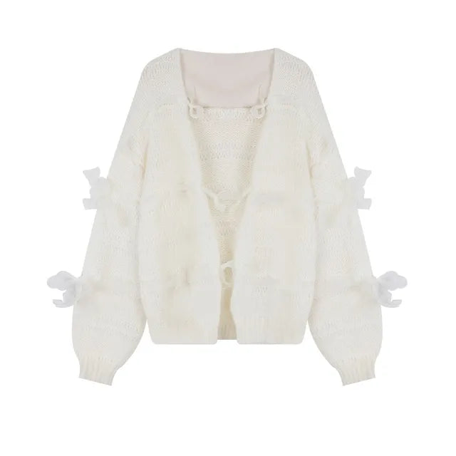 Korean Fashion Womens Clothing Elegant Bow Oversized Wool Sweater Mujer Autumn White Knitted Cardigan Femme