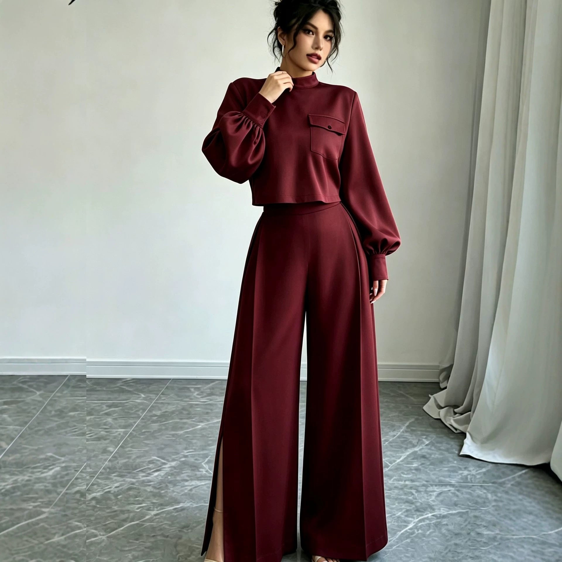 Solid color wide leg pants set for women