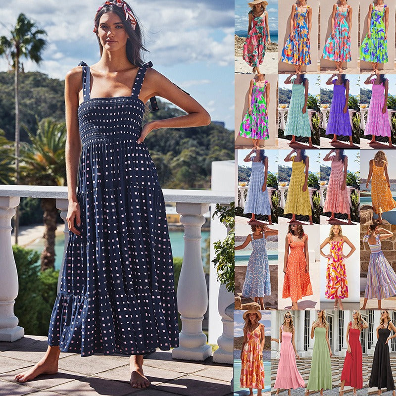 European and American Suspender Dress, Womens Clothing, Spring and Summer New Casual Dress, Printed High Waisted Skirt