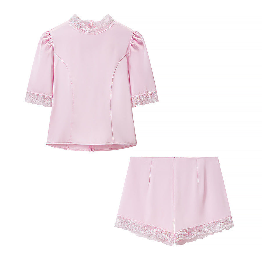 Satin lace patchwork T-shirt top+casual shorts set