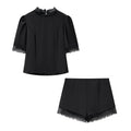Satin lace patchwork T-shirt top+casual shorts set