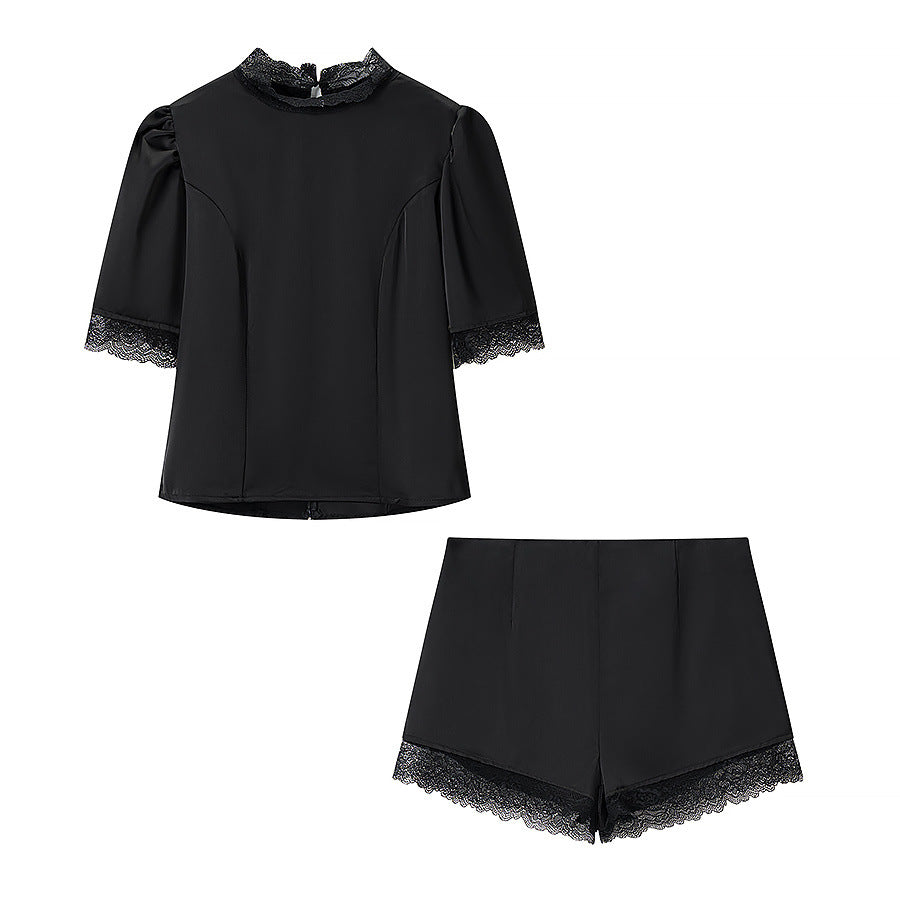 Satin lace patchwork T-shirt top+casual shorts set