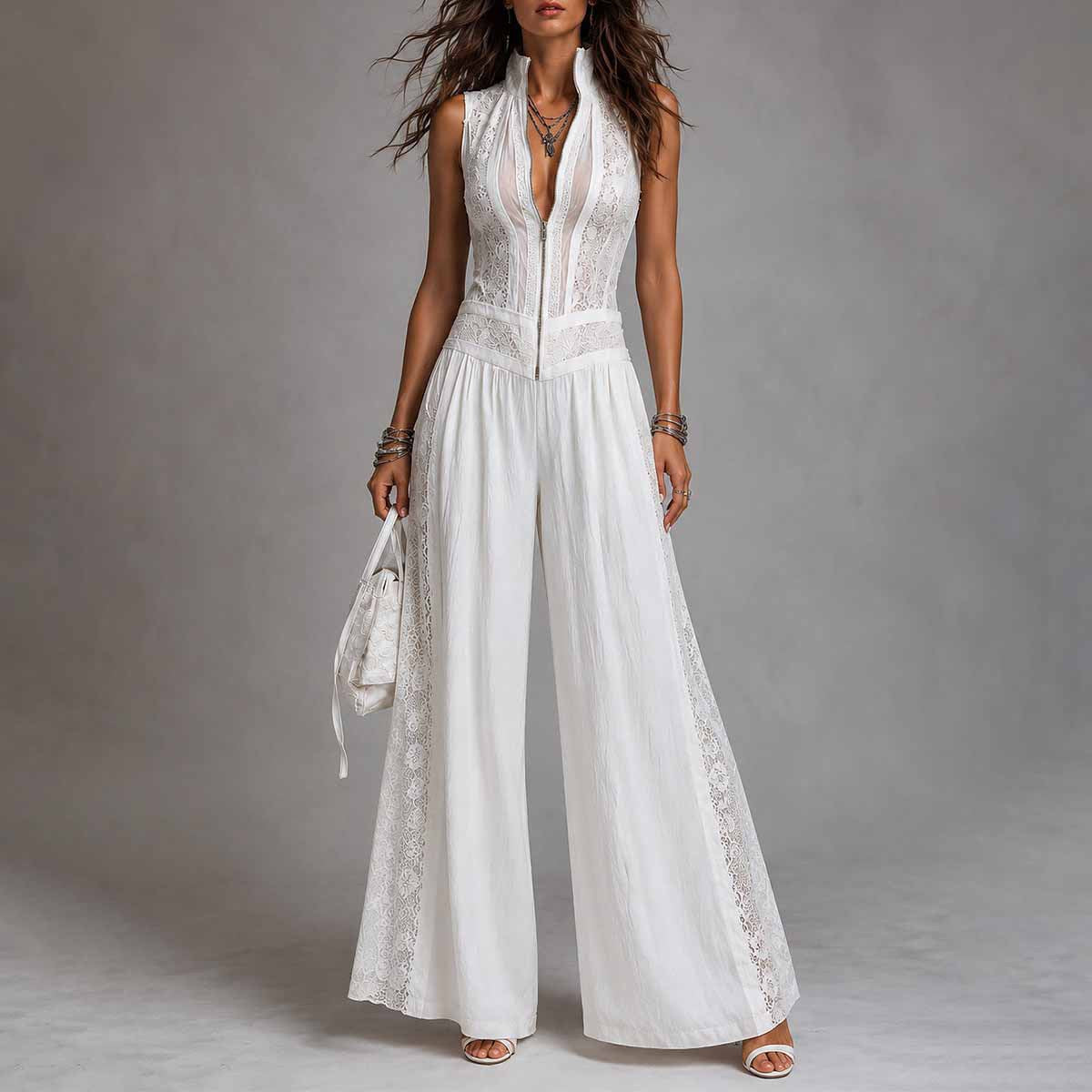 Sleeveless lace patchwork jumpsuit