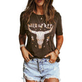 Summer Western Style Simple Top Womens Cotton Short Sleeve Loose Printed Round Neck Womens T Shirt
