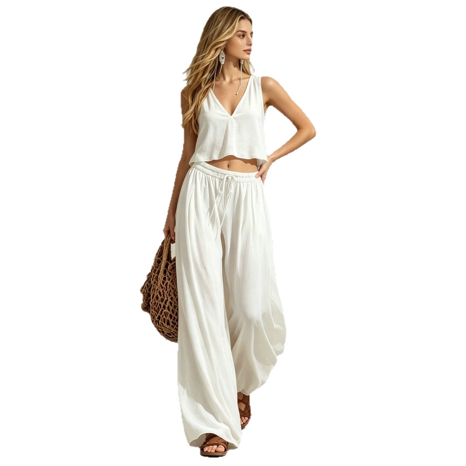 V-neck solid color sleeveless camisole top wide leg pants set
