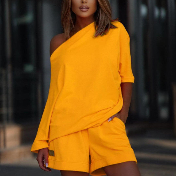 Fashionable Women's Hoodie Pants Set, One-Shoulder Wide Sleeve Loose Two-Piece Outfit