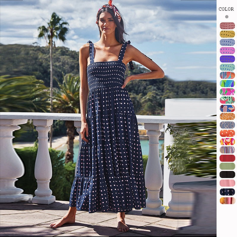 European and American Suspender Dress, Womens Clothing, Spring and Summer New Casual Dress, Printed High Waisted Skirt
