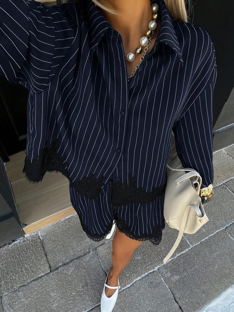 Women's striped shirt drawstring shorts set