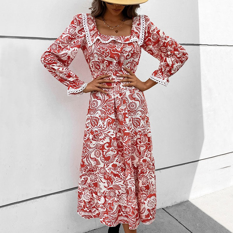 Womens Lace Patchwork Square Neck French Floral Long Sleeved Dress