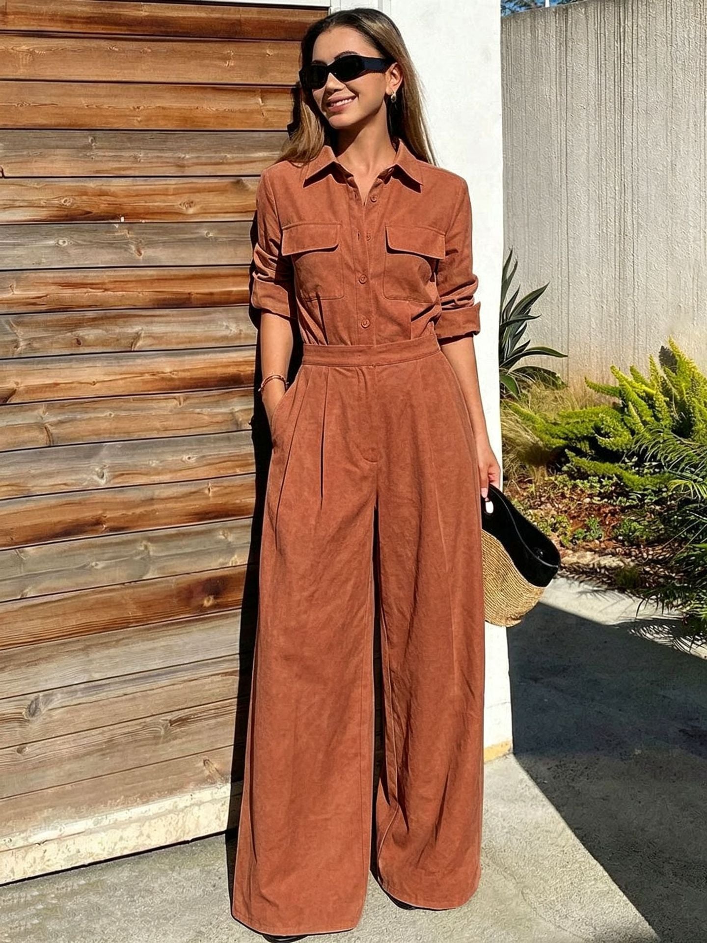 Women's collar long sleeved jumpsuit