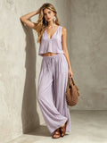 V-neck solid color sleeveless camisole top wide leg pants set