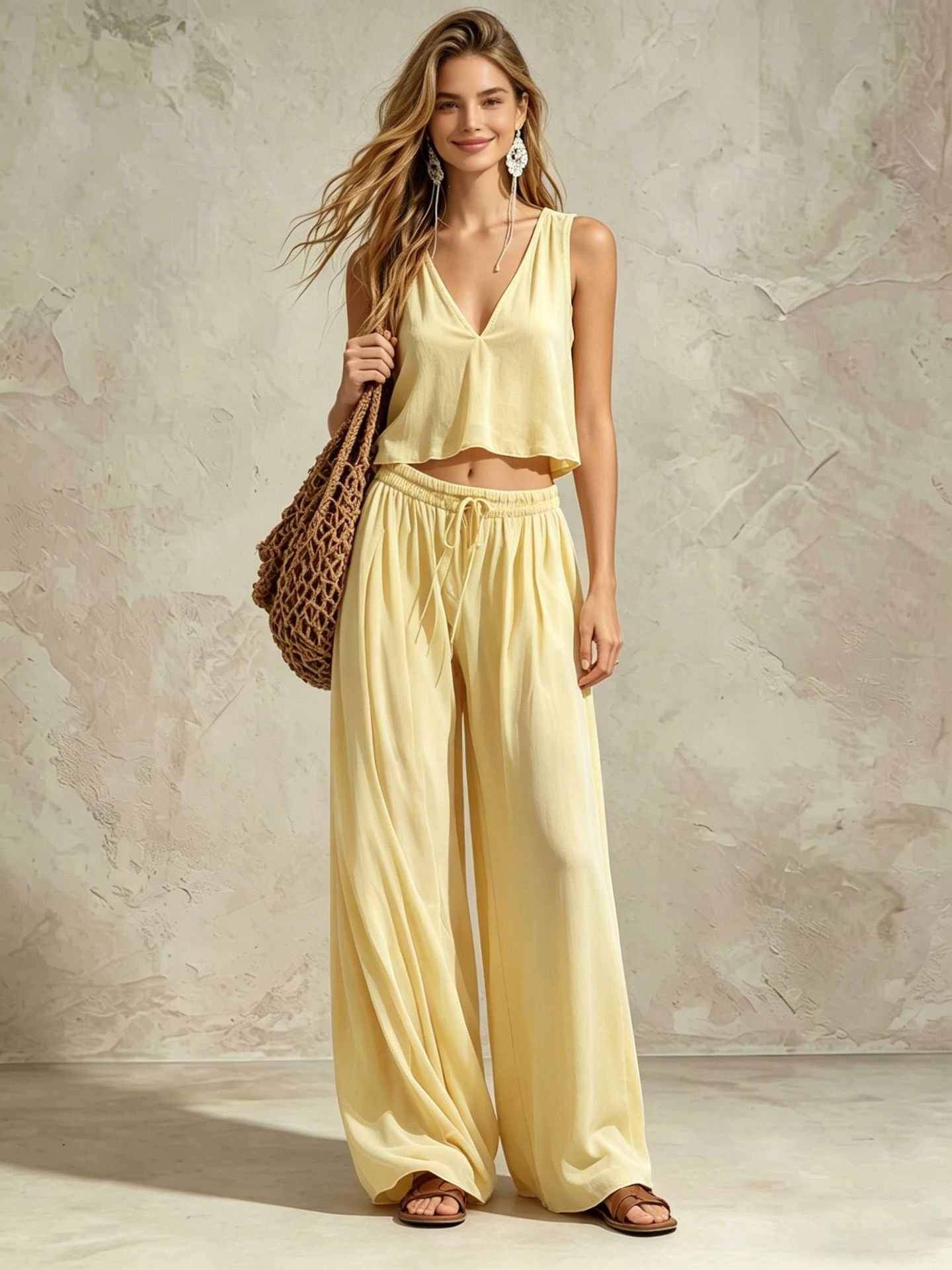 V-neck solid color sleeveless camisole top wide leg pants set