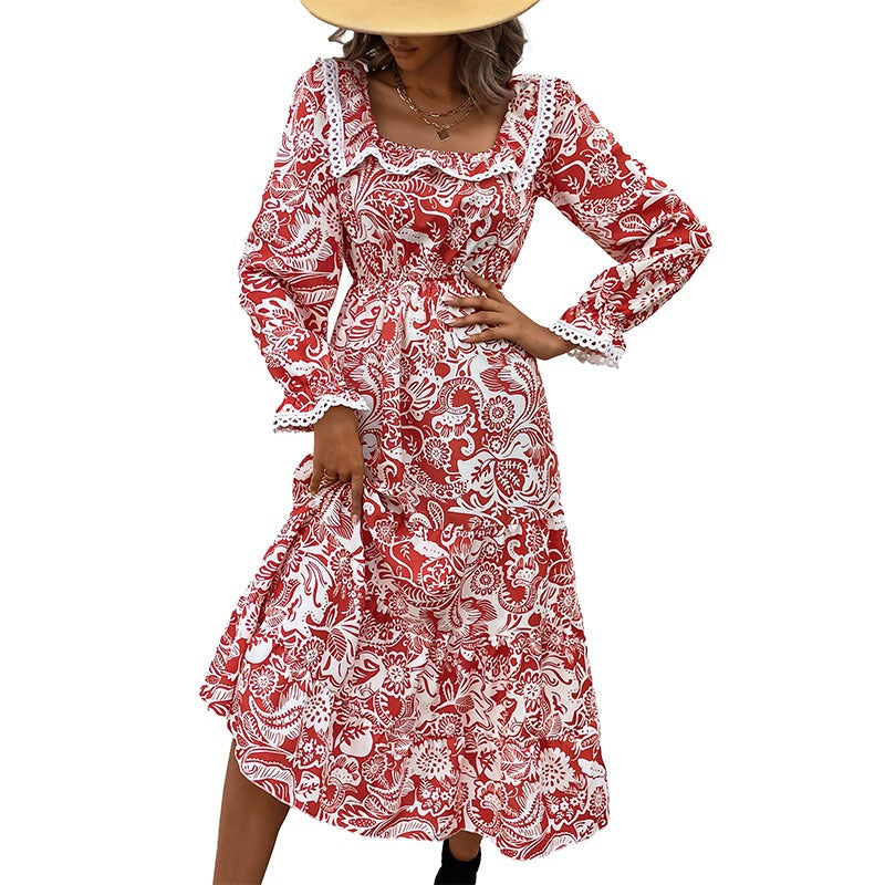 Womens Lace Patchwork Square Neck French Floral Long Sleeved Dress