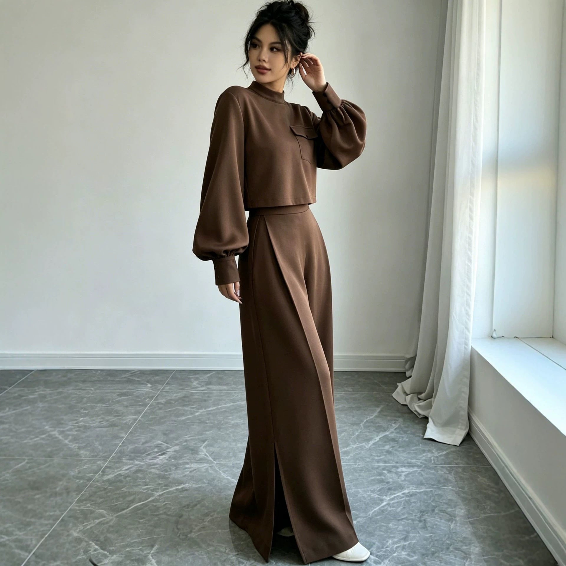 Solid color wide leg pants set for women