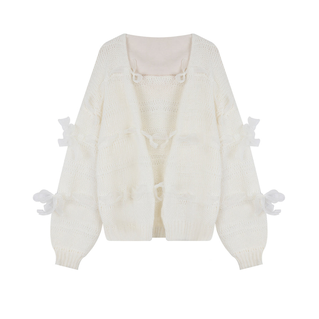 Korean Fashion Womens Clothing Elegant Bow Oversized Wool Sweater Mujer Autumn White Knitted Cardigan Femme