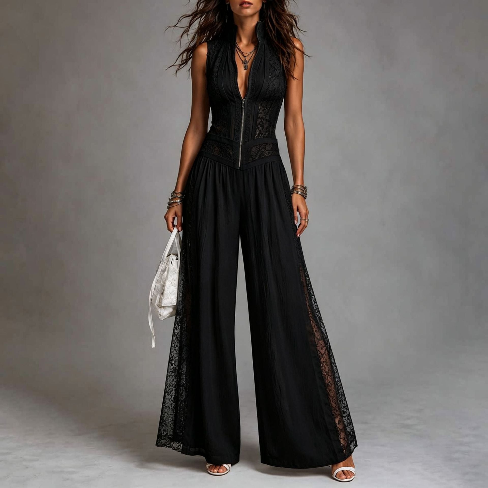 Sleeveless lace patchwork jumpsuit